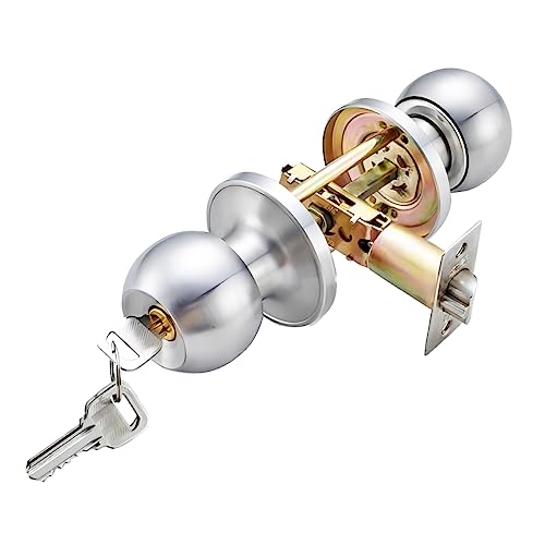 Qrity Stainless Steel Entracne Passage Door Handle Lock Knobs Lockset - Key Locking - Copper Lock Core - Latch Size 60/70mm