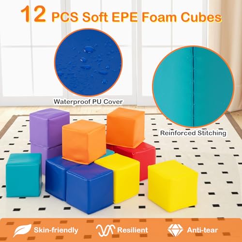 COSTWAY 12Pcs Soft Play Foam Blocks, 14x14cm Soft Building Stacking Cubes, Indoor Construction Learning Toys for Baby Toddler Kid (Warm Colour)