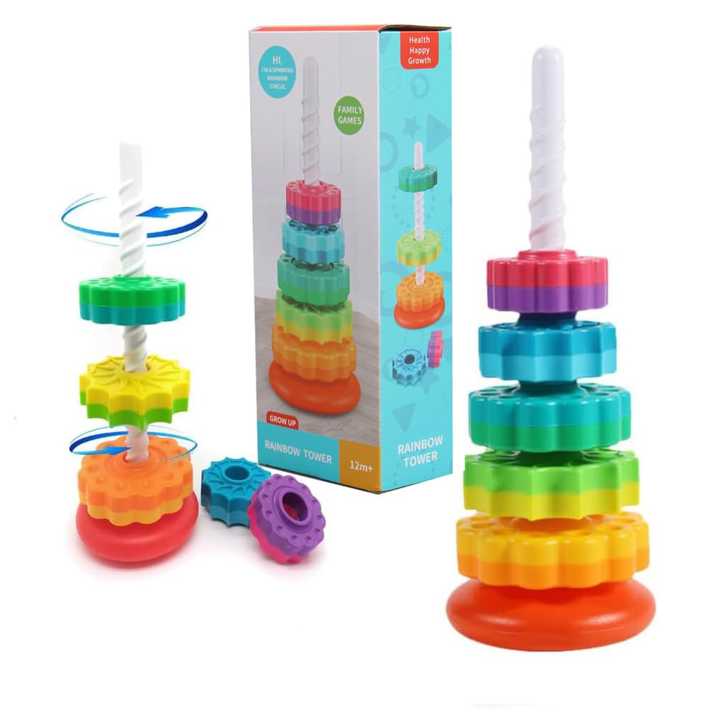 Starnearby Baby Spinning Toy Rainbow Stacking, Sensory Spin Gears Stacking Rings Toy, Ring Stacker Plugging Toys
