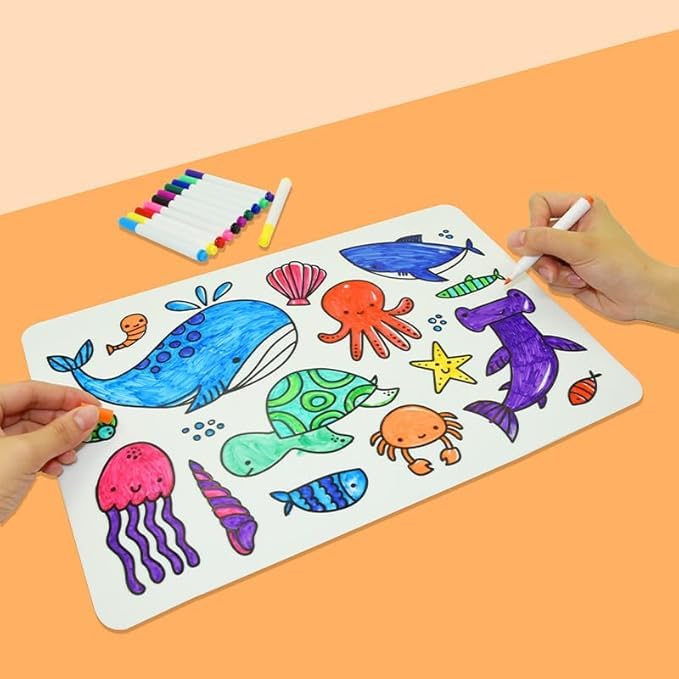 Sensory Junction Silicone Washable Colouring Placemats for Kids| 2-PACK| Includes 2 Sets of Colourful Pens Wipe Clean Reusable Eco-Friendly Colouring Pad (OCEAN MAT & JUNGLE MAT)