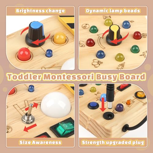 Montessori Busy Board 2 Year Old, Fidget Board with 19 LED Lights, Wooden Sensory Toys