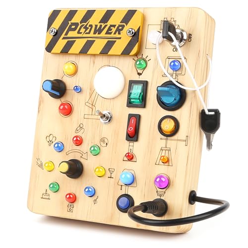 Montessori Busy Board 2 Year Old, Fidget Board with 19 LED Lights, Wooden Sensory Toys
