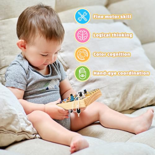 Montessori Busy Board 2 Year Old, Fidget Board with 19 LED Lights, Wooden Sensory Toys