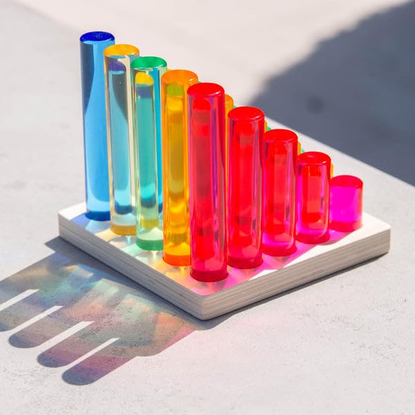 tickit Graduated Gem Columns Play Set with Wooden Storage Tray – 25 Translucent Acrylic Cylinders for Stacking, Colour Mixing, Measurement, Construction & Sensory Learning