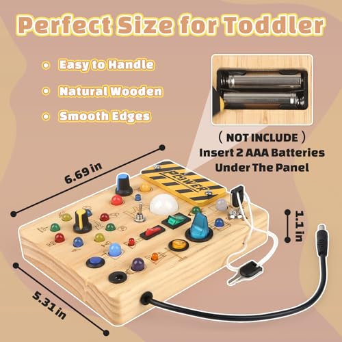 Montessori Busy Board 2 Year Old, Fidget Board with 19 LED Lights, Wooden Sensory Toys
