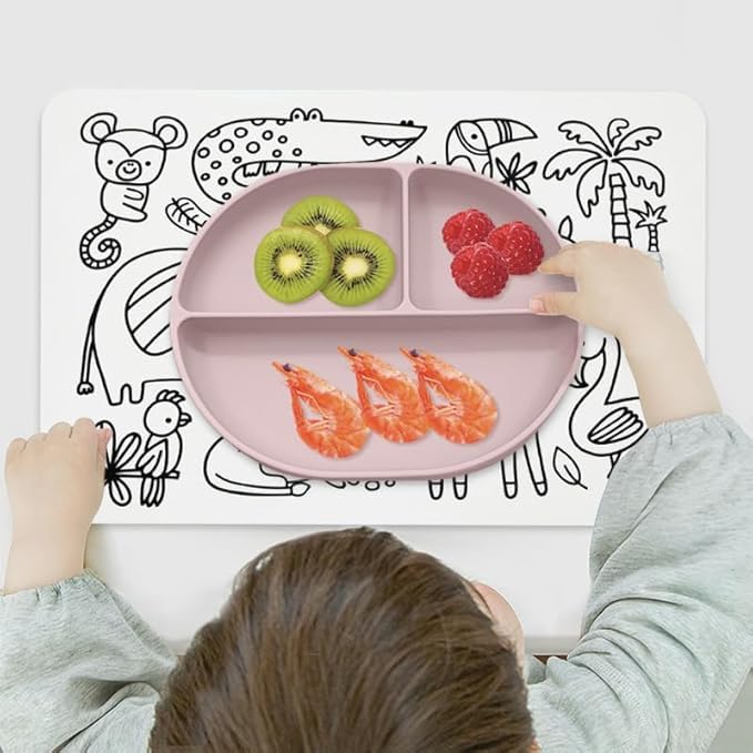 Sensory Junction Silicone Washable Colouring Placemats for Kids| 2-PACK| Includes 2 Sets of Colourful Pens Wipe Clean Reusable Eco-Friendly Colouring Pad (OCEAN MAT & JUNGLE MAT)