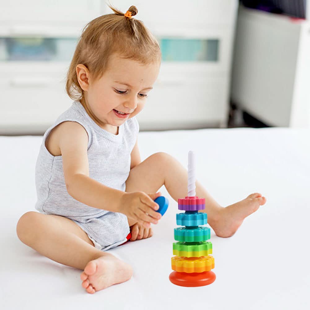 Starnearby Baby Spinning Toy Rainbow Stacking, Sensory Spin Gears Stacking Rings Toy, Ring Stacker Plugging Toys