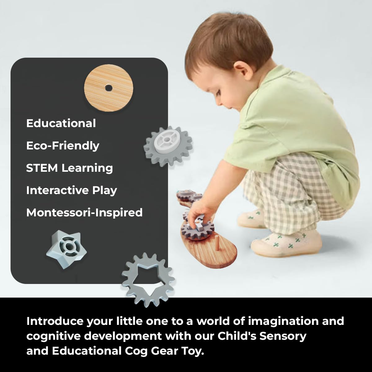 Sensory Junction Spinning Gear Cog Toy for Kids - Montessori Bamboo Base with Removable Cogs and Shapes