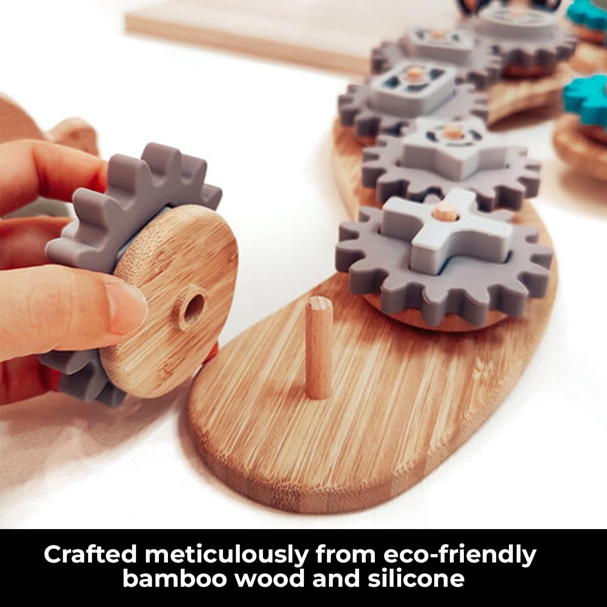 Sensory Junction Spinning Gear Cog Toy for Kids - Montessori Bamboo Base with Removable Cogs and Shapes