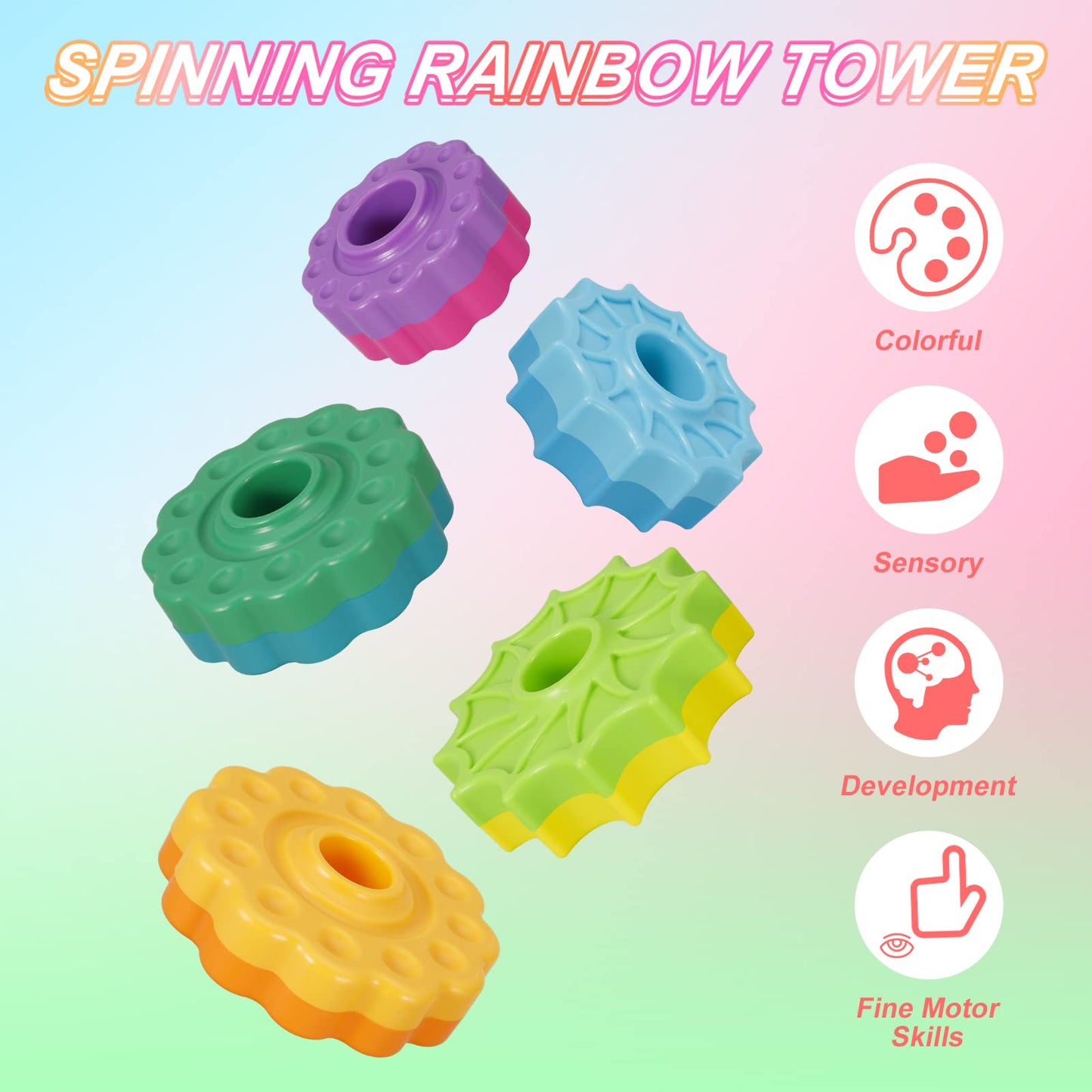 FRIUSATE Spinning Stacking Toys, Baby Sensory Spin Gears Stacking Rings Toy, Rainbow