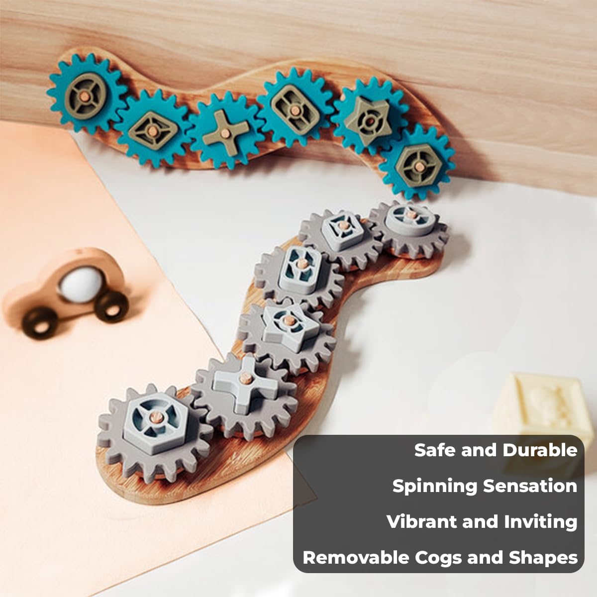 Sensory Junction Spinning Gear Cog Toy for Kids - Montessori Bamboo Base with Removable Cogs and Shapes
