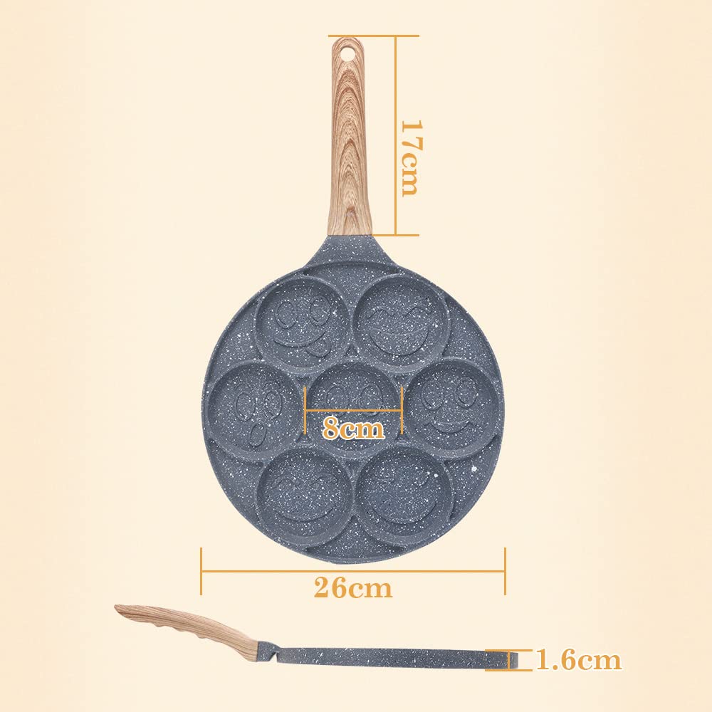Bobikuke Pancake Pan Induction, Smiley Face Pancake Frying Pan Non Stick, 7 Holes Mini Pancake Maker for Kids 26cm - Black