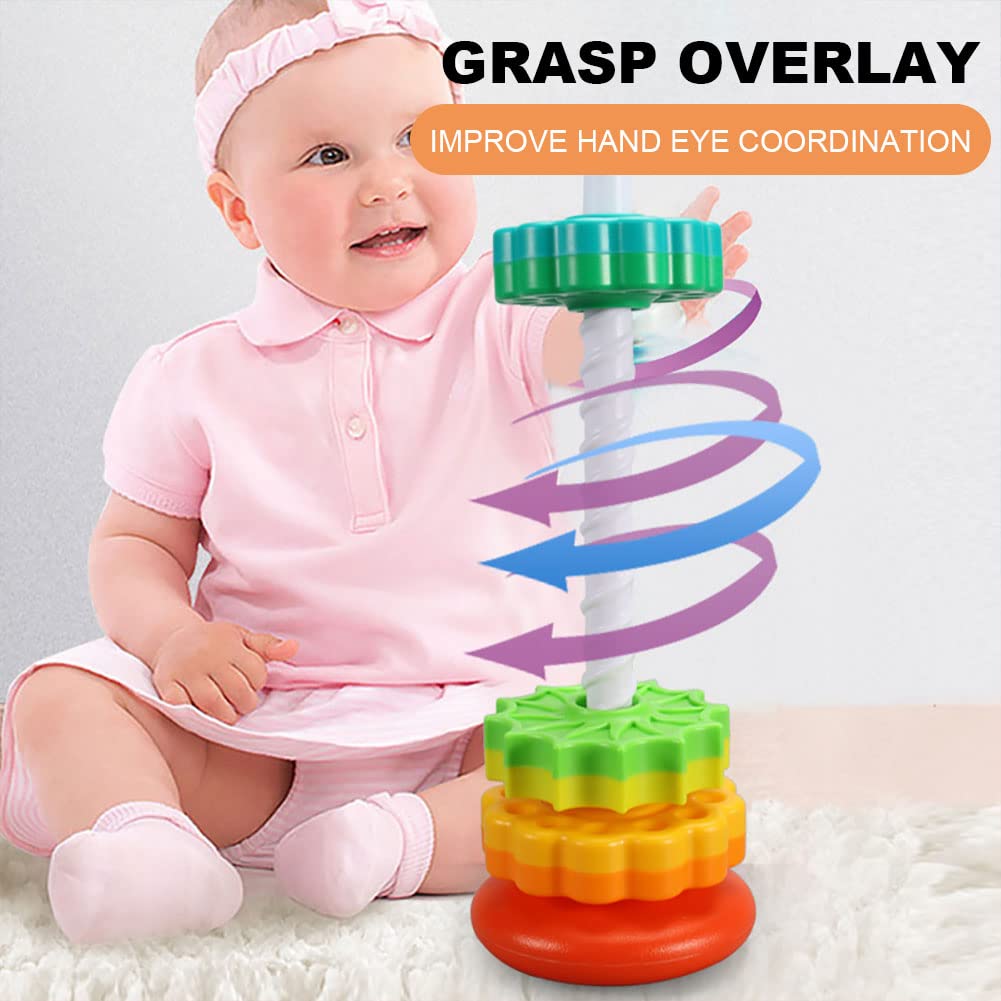 Starnearby Baby Spinning Toy Rainbow Stacking, Sensory Spin Gears Stacking Rings Toy, Ring Stacker Plugging Toys