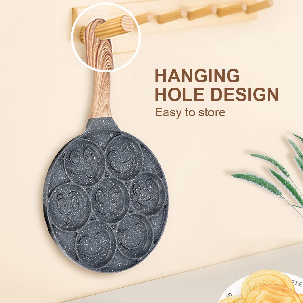 Bobikuke Pancake Pan Induction, Smiley Face Pancake Frying Pan Non Stick, 7 Holes Mini Pancake Maker for Kids 26cm - Black