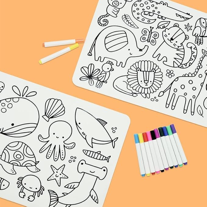 Sensory Junction Silicone Washable Colouring Placemats for Kids| 2-PACK| Includes 2 Sets of Colourful Pens Wipe Clean Reusable Eco-Friendly Colouring Pad (OCEAN MAT & JUNGLE MAT)