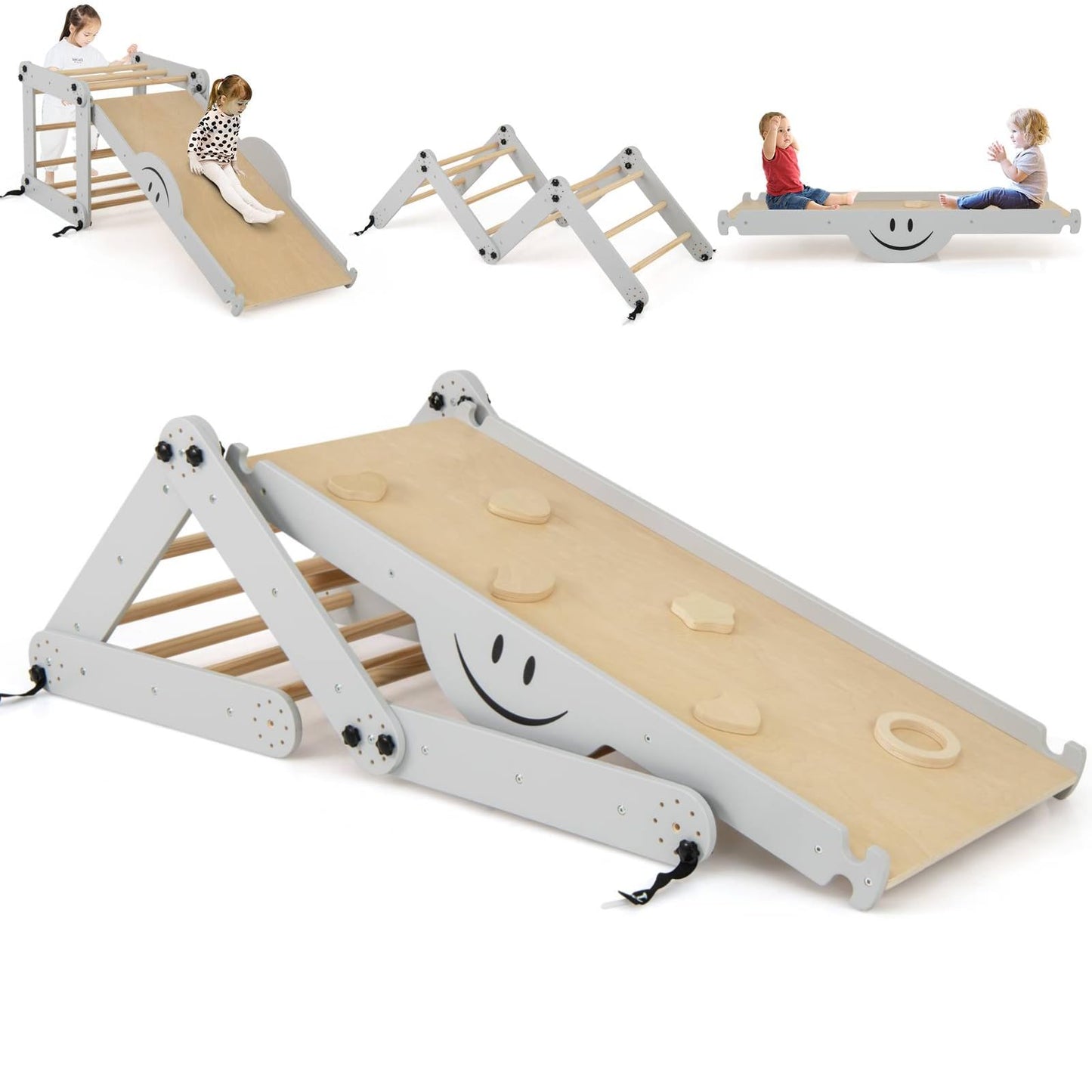GYMAX 10 in 1 Kids Climbing Set, Foldable Wooden Toddler Climber with Reversible Ramp