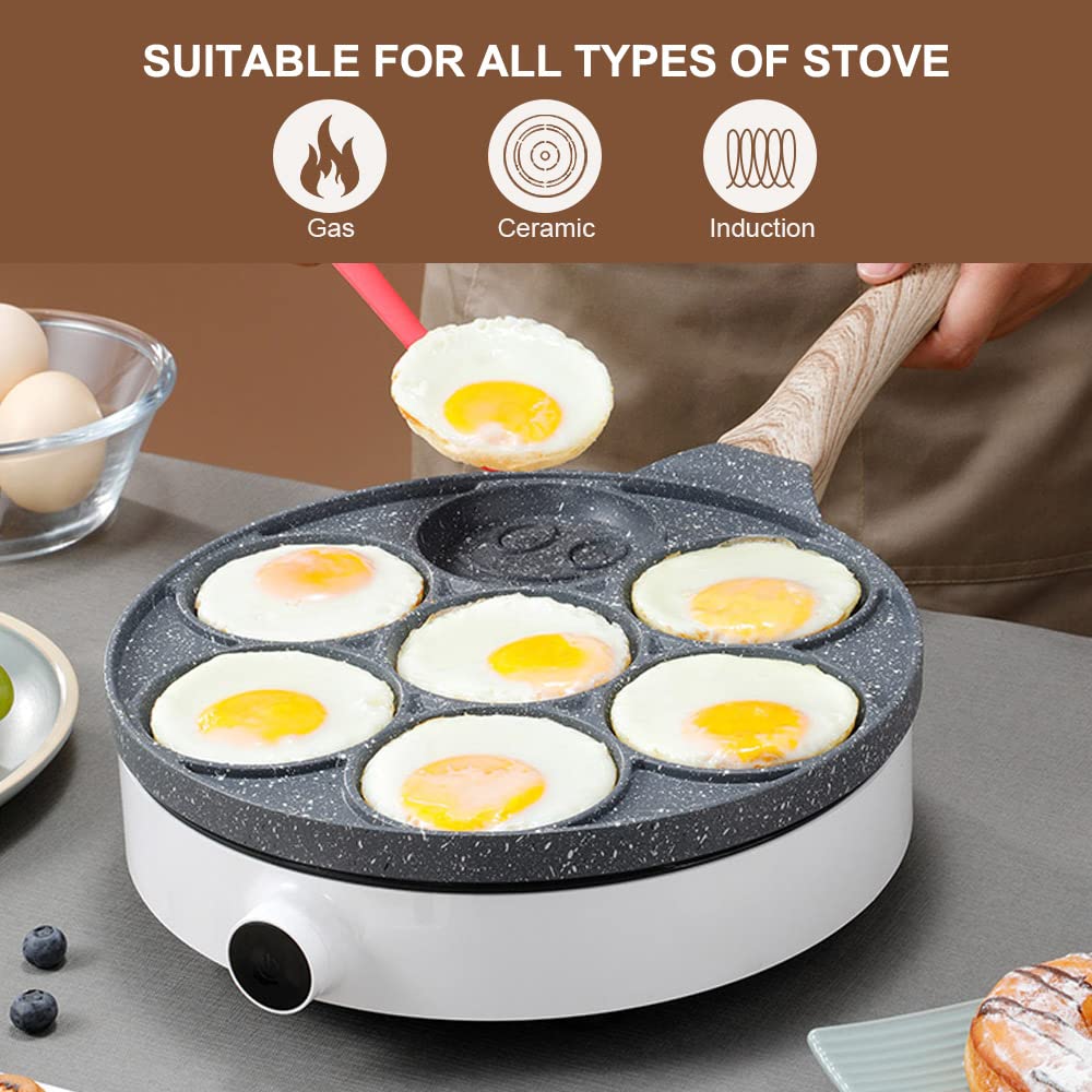 Bobikuke Pancake Pan Induction, Smiley Face Pancake Frying Pan Non Stick, 7 Holes Mini Pancake Maker for Kids 26cm - Black