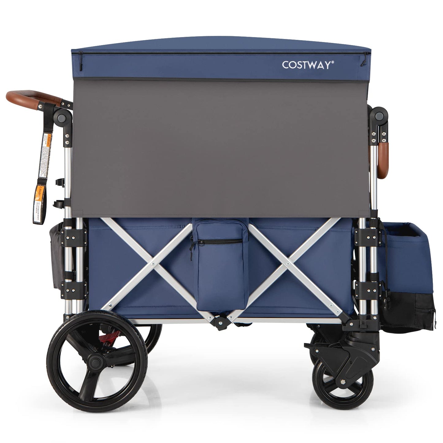COSTWAY Push Pull Stroller Wagon for 2 Kids, Collapsible Trolley with Adjustable Handle Bar, Removable Canopy, 5-Point Harness and Drapes, Outdoor Camping Cargo Cart (Navy)
