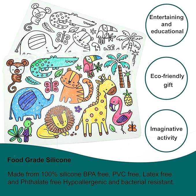 Sensory Junction Silicone Washable Colouring Placemats for Kids| 2-PACK| Includes 2 Sets of Colourful Pens Wipe Clean Reusable Eco-Friendly Colouring Pad (OCEAN MAT & JUNGLE MAT)
