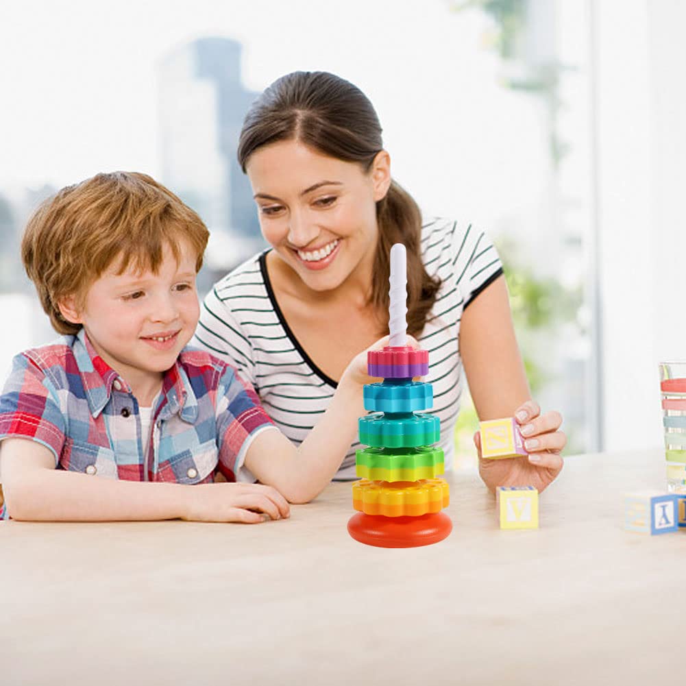 Starnearby Baby Spinning Toy Rainbow Stacking, Sensory Spin Gears Stacking Rings Toy, Ring Stacker Plugging Toys