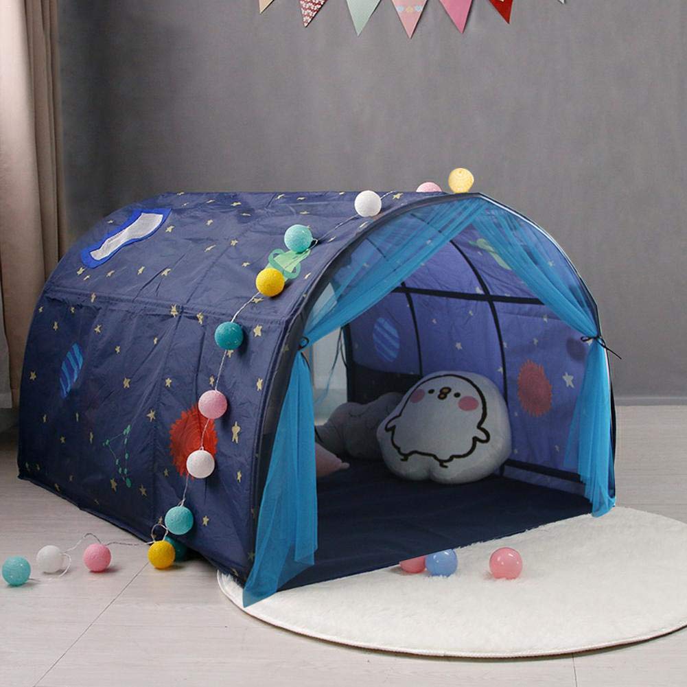 Powcan Play Tents for Girls Boys Galaxy Starry Sky Dream Bed Tents for Kids Portable Pop Up Baby Toddlers Playhouse with Double Net Curtain & Carry Bag for Bedroom Decor Indoor Games, 140x100x80cm