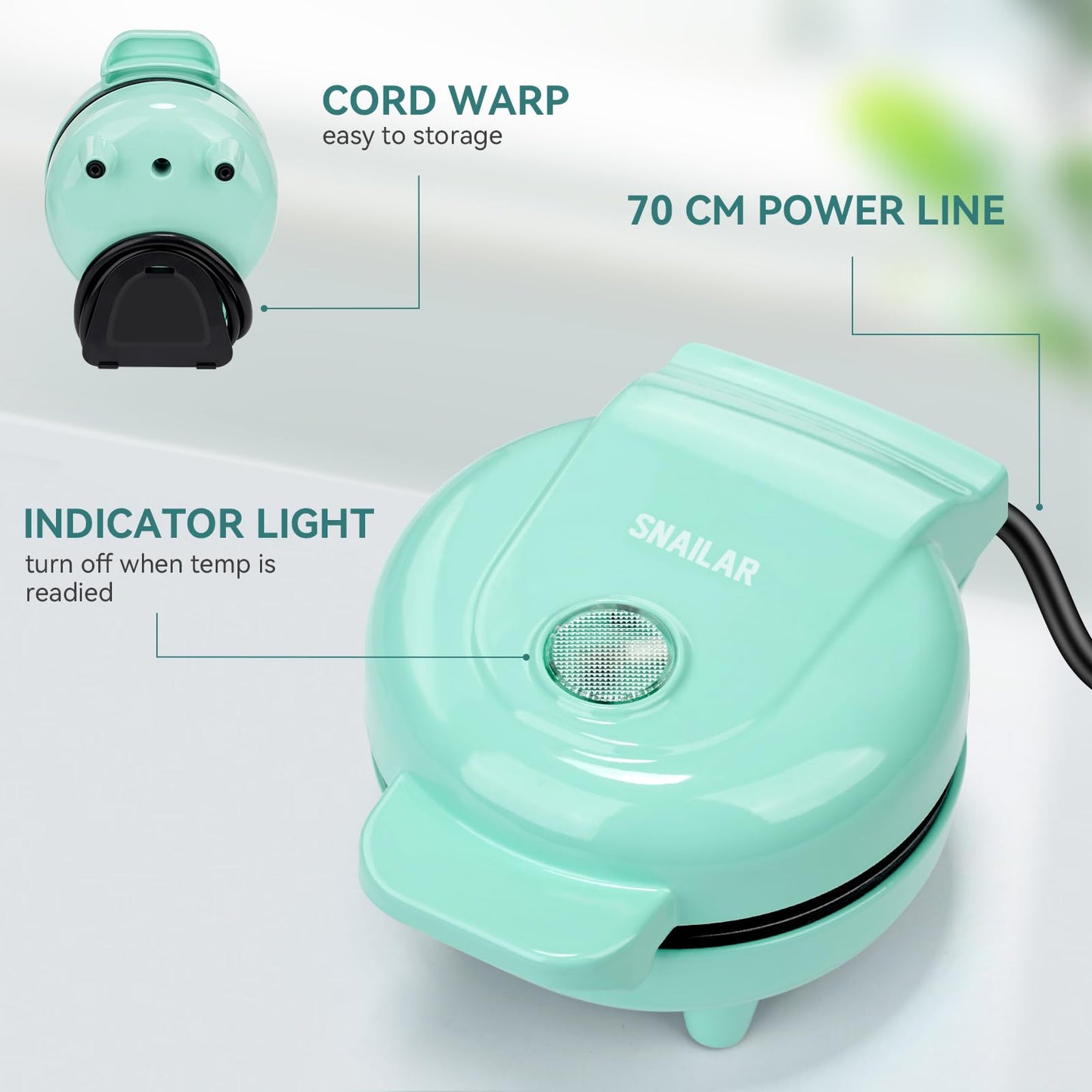 SNAILAR Mini Waffle Maker, 550W Waffle Iron, Ready Indicator Light, Non Stick Coating, Cool Touch Handle, Compact Size, Green