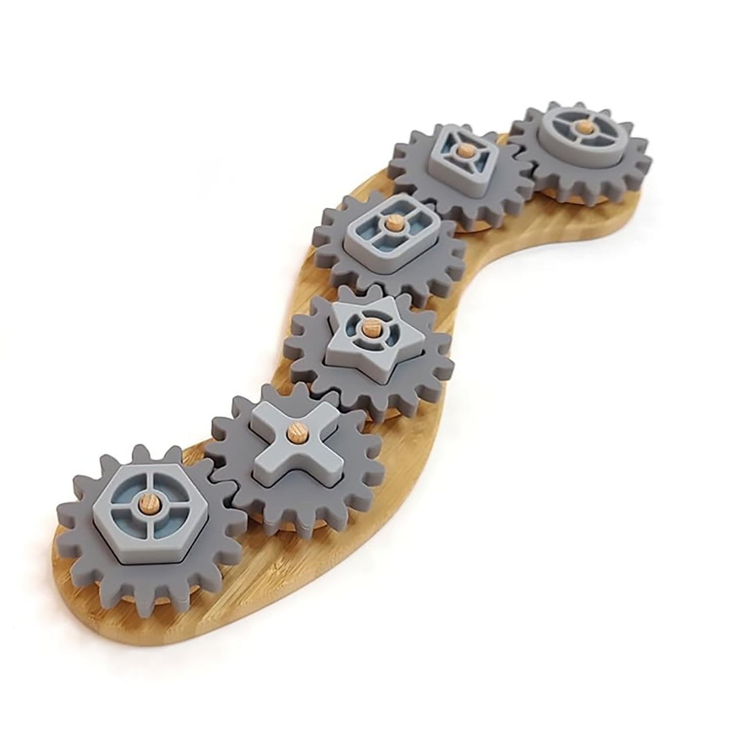 Sensory Junction Spinning Gear Cog Toy for Kids - Montessori Bamboo Base with Removable Cogs and Shapes
