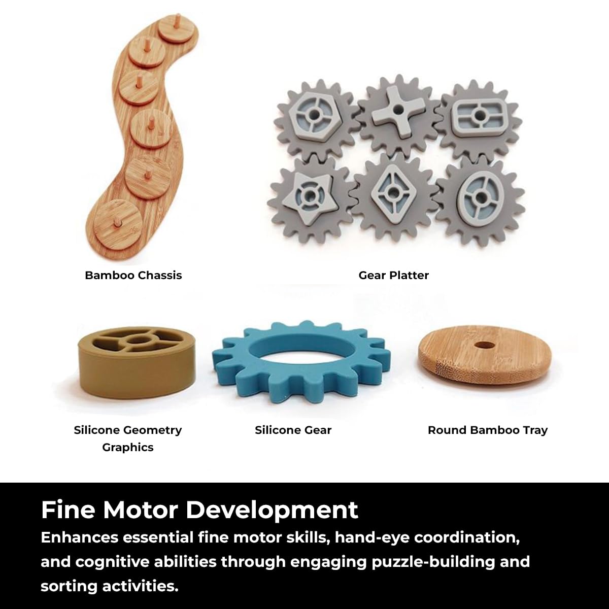 Sensory Junction Spinning Gear Cog Toy for Kids - Montessori Bamboo Base with Removable Cogs and Shapes