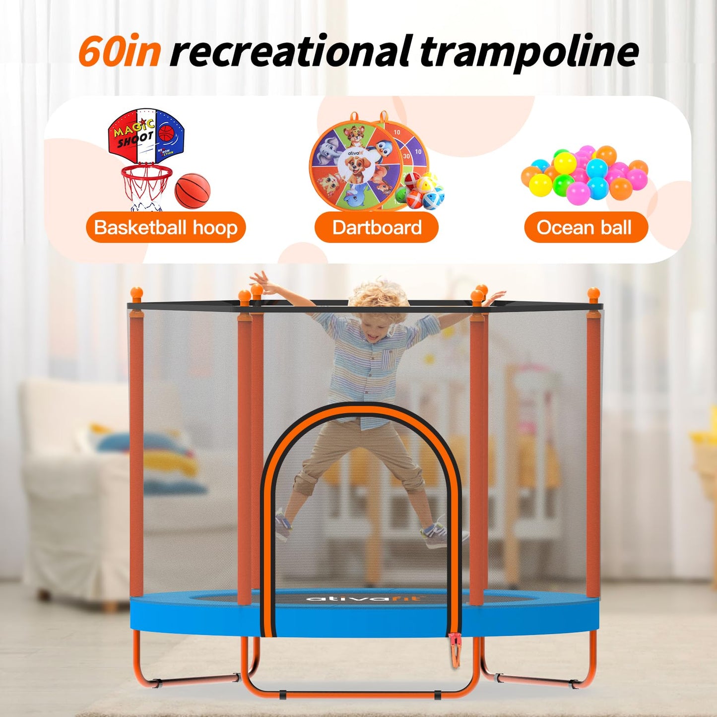 ATIVAFIT 60'' Rebounder Trampoline Indoor Outdoor for Kids Ages 1-8, 5FT Recreational Toddler Trampoline with Safety Enclosure