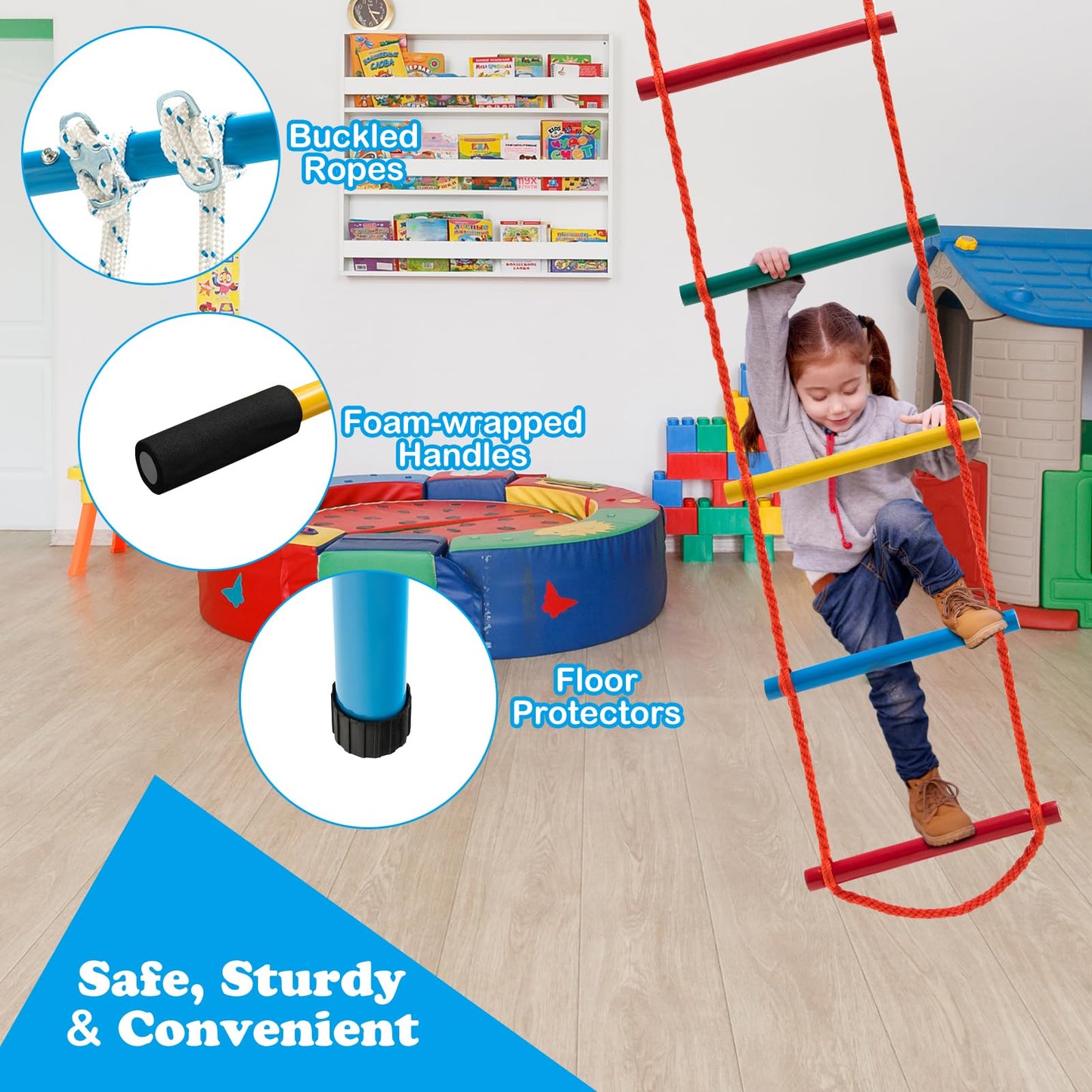 GYMAX Swedish Ladder Wall Set, Gymnastics Wall Bar with Pull-Up Bar, Rope Ladder