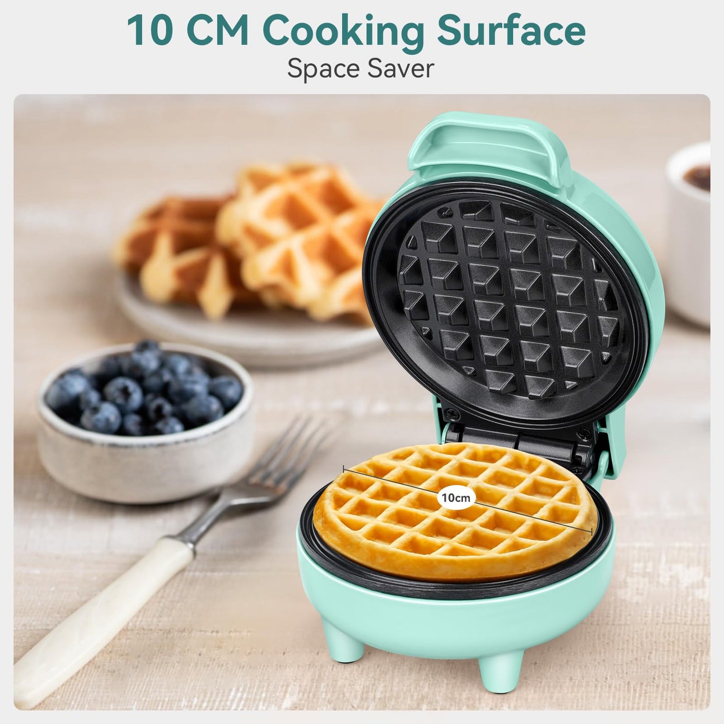 SNAILAR Mini Waffle Maker, 550W Waffle Iron, Ready Indicator Light, Non Stick Coating, Cool Touch Handle, Compact Size, Green