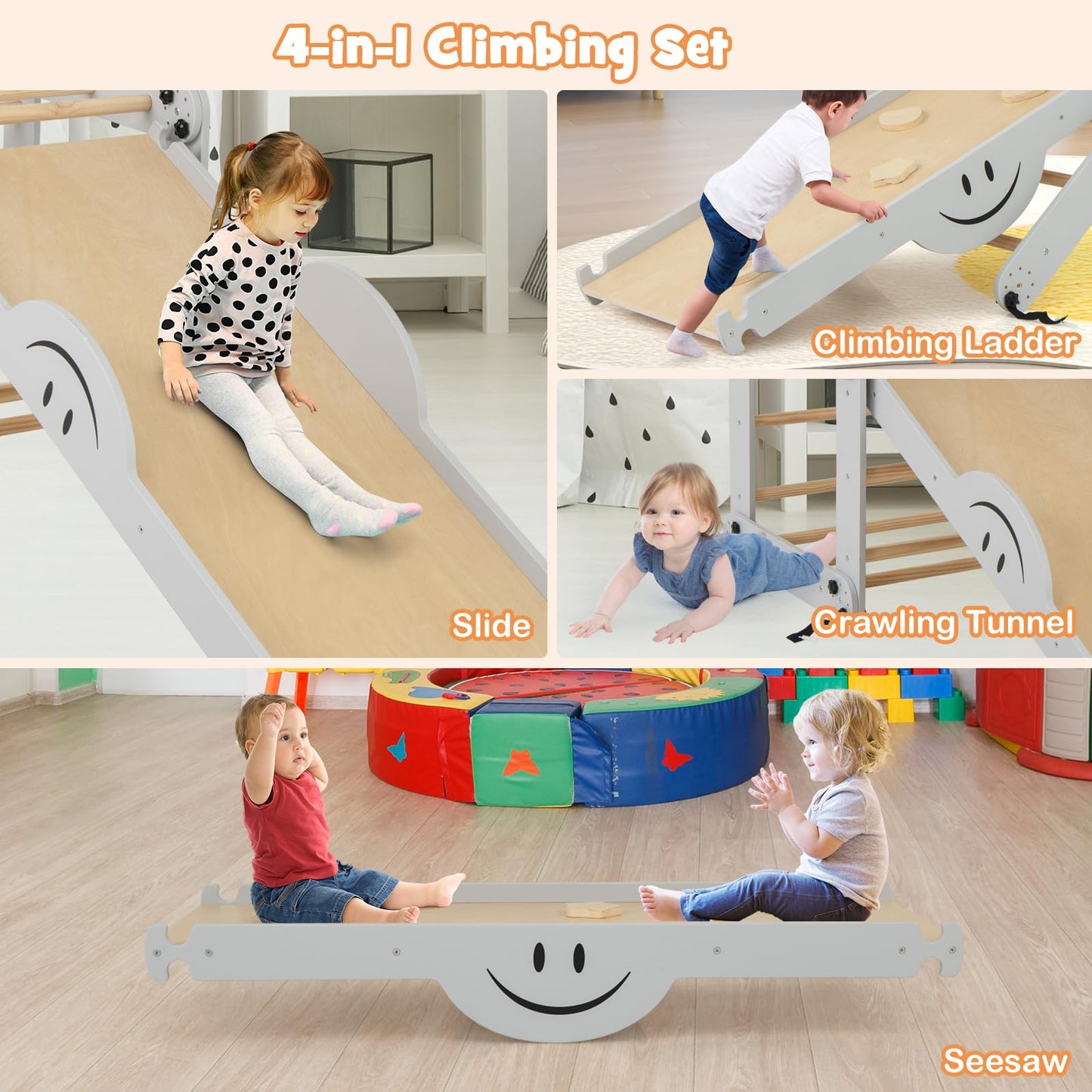 GYMAX 10 in 1 Kids Climbing Set, Foldable Wooden Toddler Climber with Reversible Ramp