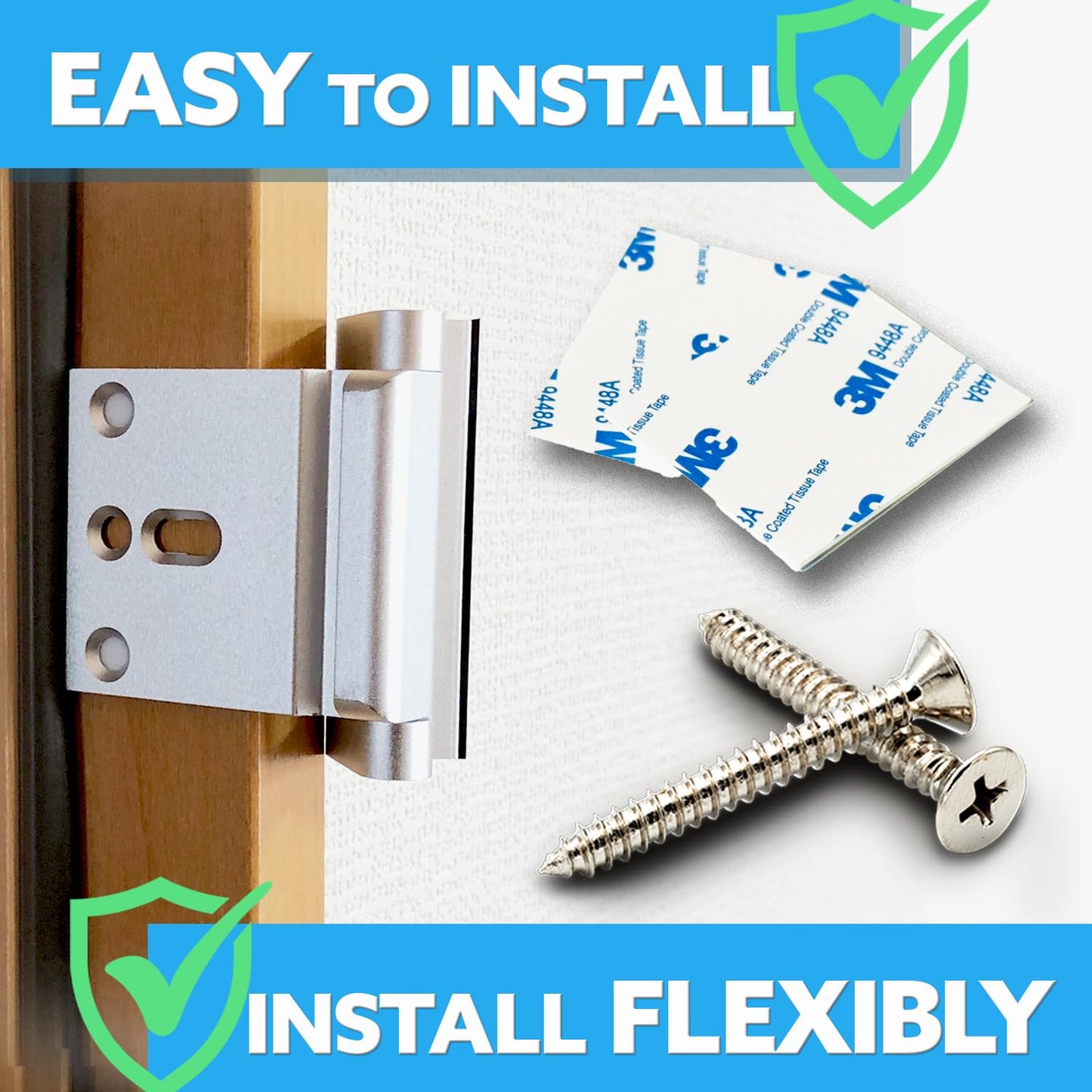 Reelz home Door Lock Without Drilling No Tools Needed Easy Installation with 3M Tape or Screws Child Safety Lock Easy to Lock and Unlock with One Hand Baby Proofing Bedroom Door Lock (Silver)