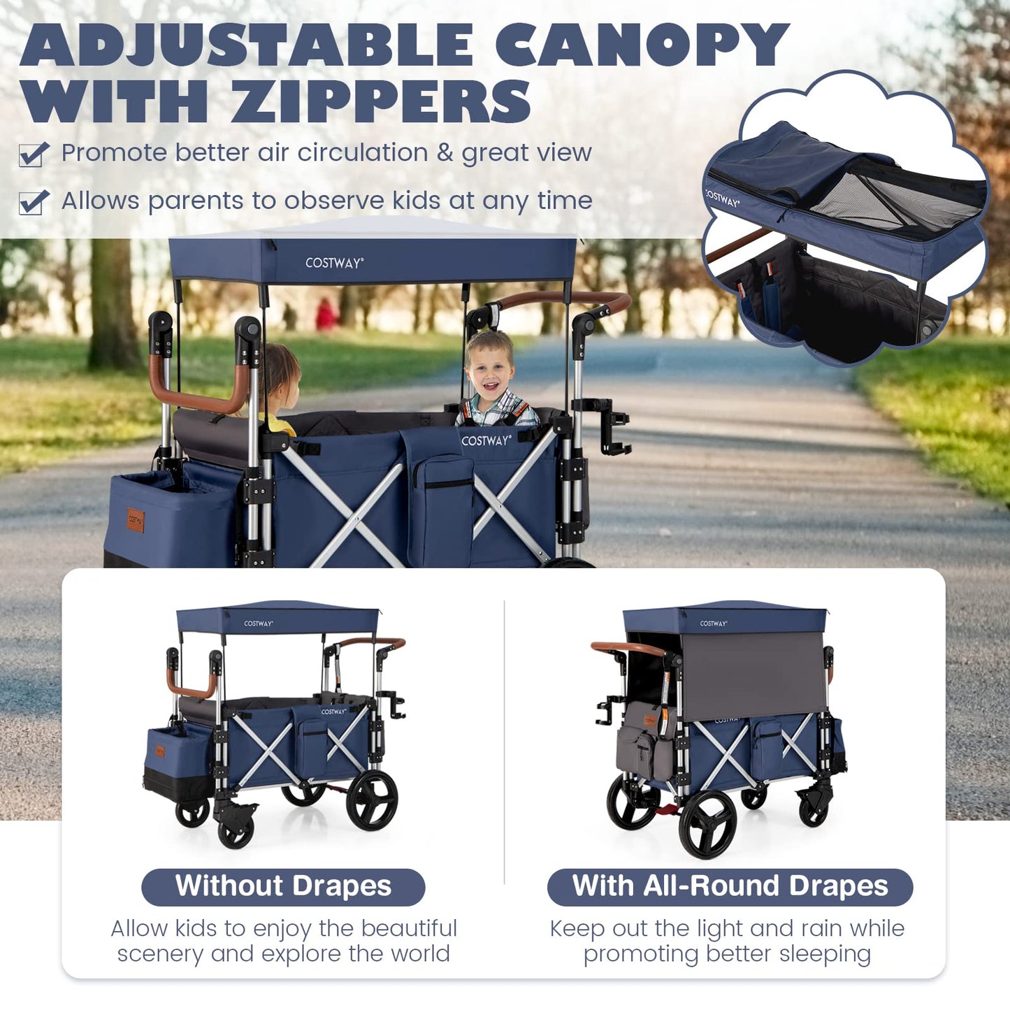 COSTWAY Push Pull Stroller Wagon for 2 Kids, Collapsible Trolley with Adjustable Handle Bar, Removable Canopy, 5-Point Harness and Drapes, Outdoor Camping Cargo Cart (Navy)