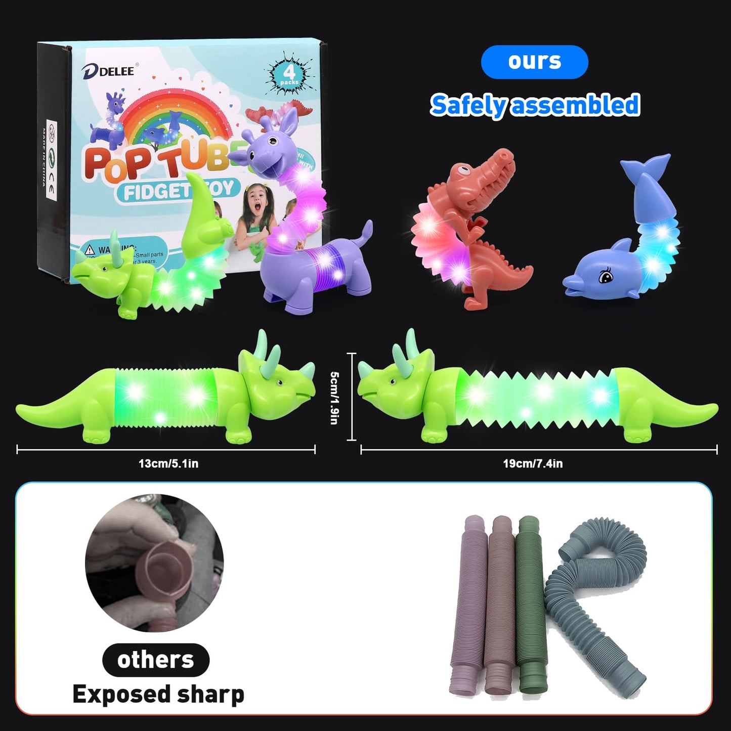 DELEE Pop Tubes Animal Toy,Sensory Tubes for Autism with LED Light,4Packs Glow Animal Stress Relief Toys for Kids,Party Supplies for Christmas Halloween Birthday