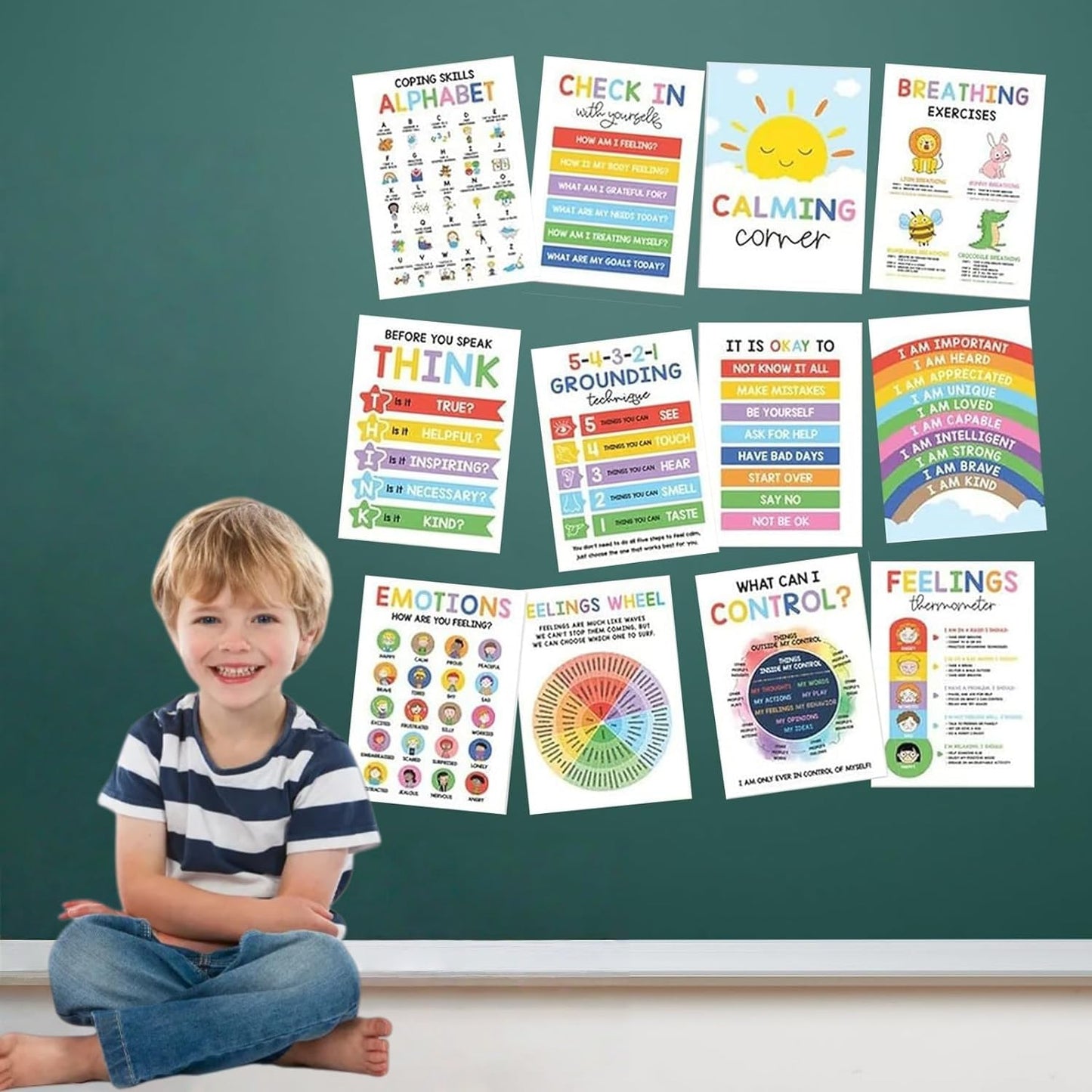 Ryfpdml 12PCS Calming Corner Classroom Posters, Feelings Wheel Chart Emotions Poster For Kids, Calm Down Corner Supplies for Preschool Home School Office Outdoor Indoor (A)