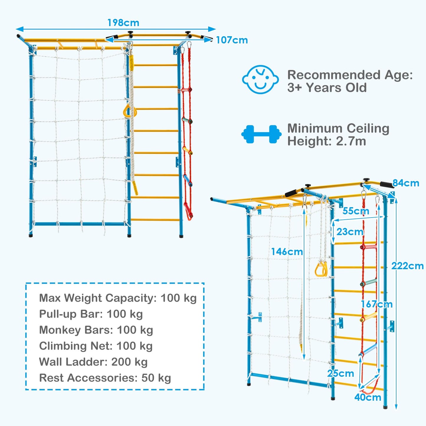 GYMAX Swedish Ladder Wall Set, Gymnastics Wall Bar with Pull-Up Bar, Rope Ladder