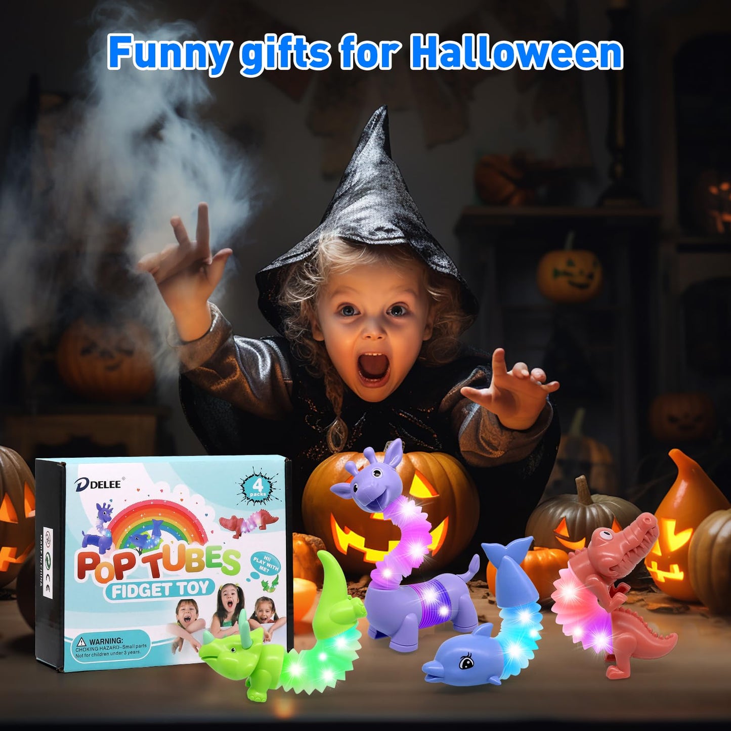 DELEE Pop Tubes Animal Toy,Sensory Tubes for Autism with LED Light,4Packs Glow Animal Stress Relief Toys for Kids,Party Supplies for Christmas Halloween Birthday