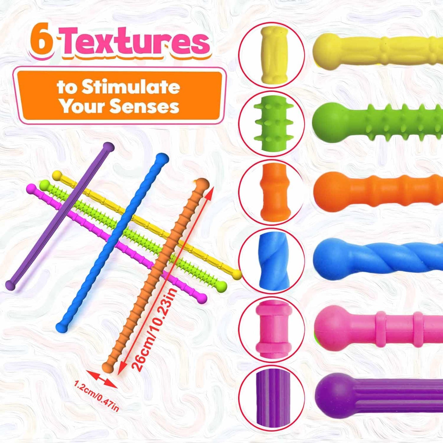 Bambebe 6 Pack Fidget Toys Sensory Stick: Textured Calming Sensory Toys for Autism Kids