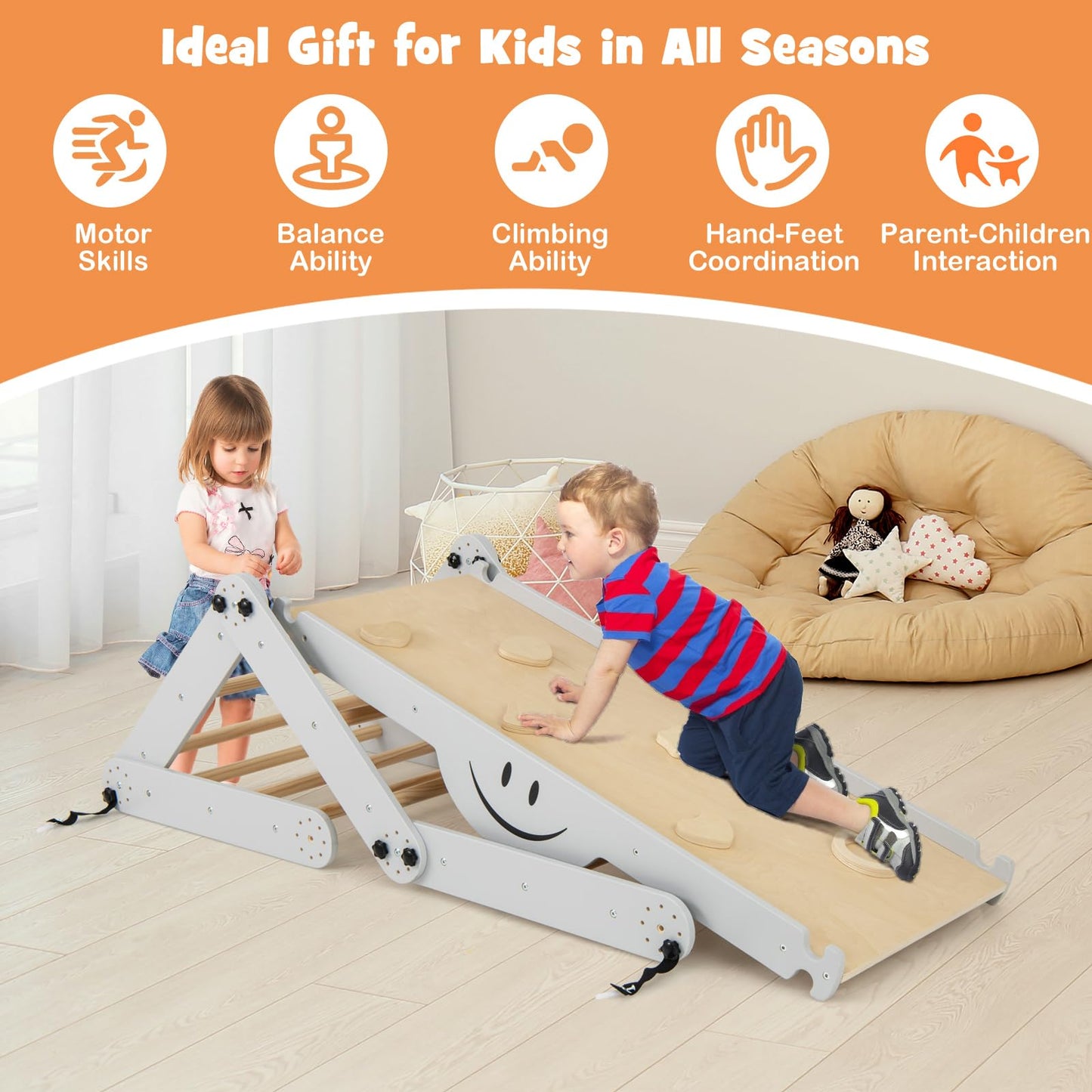GYMAX 10 in 1 Kids Climbing Set, Foldable Wooden Toddler Climber with Reversible Ramp