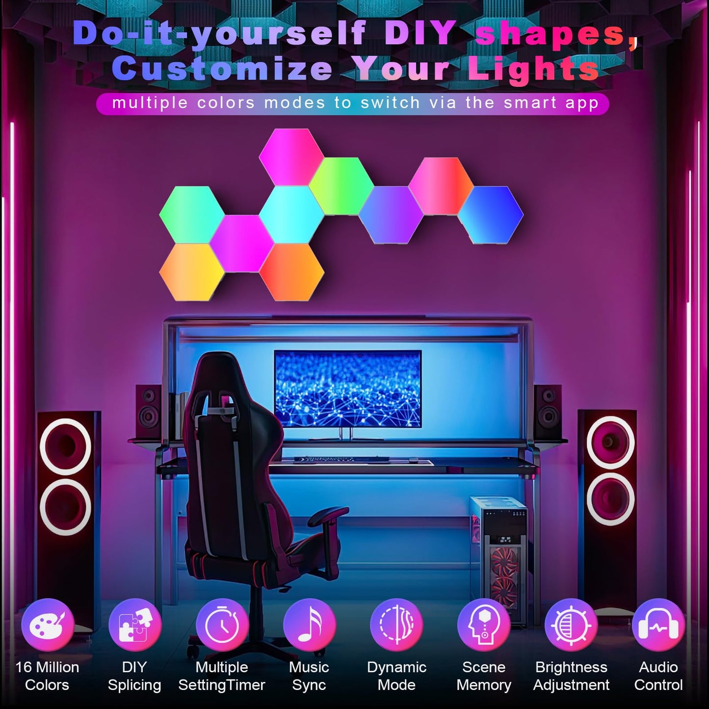 PUMPKINS Hexagon LED Lights, 12 Pack RGB Hex Light Panels, Smart Wall Gaming Panels Sync to Music for Room Bar Bedroom Home Decor Room, With App & Remote Control