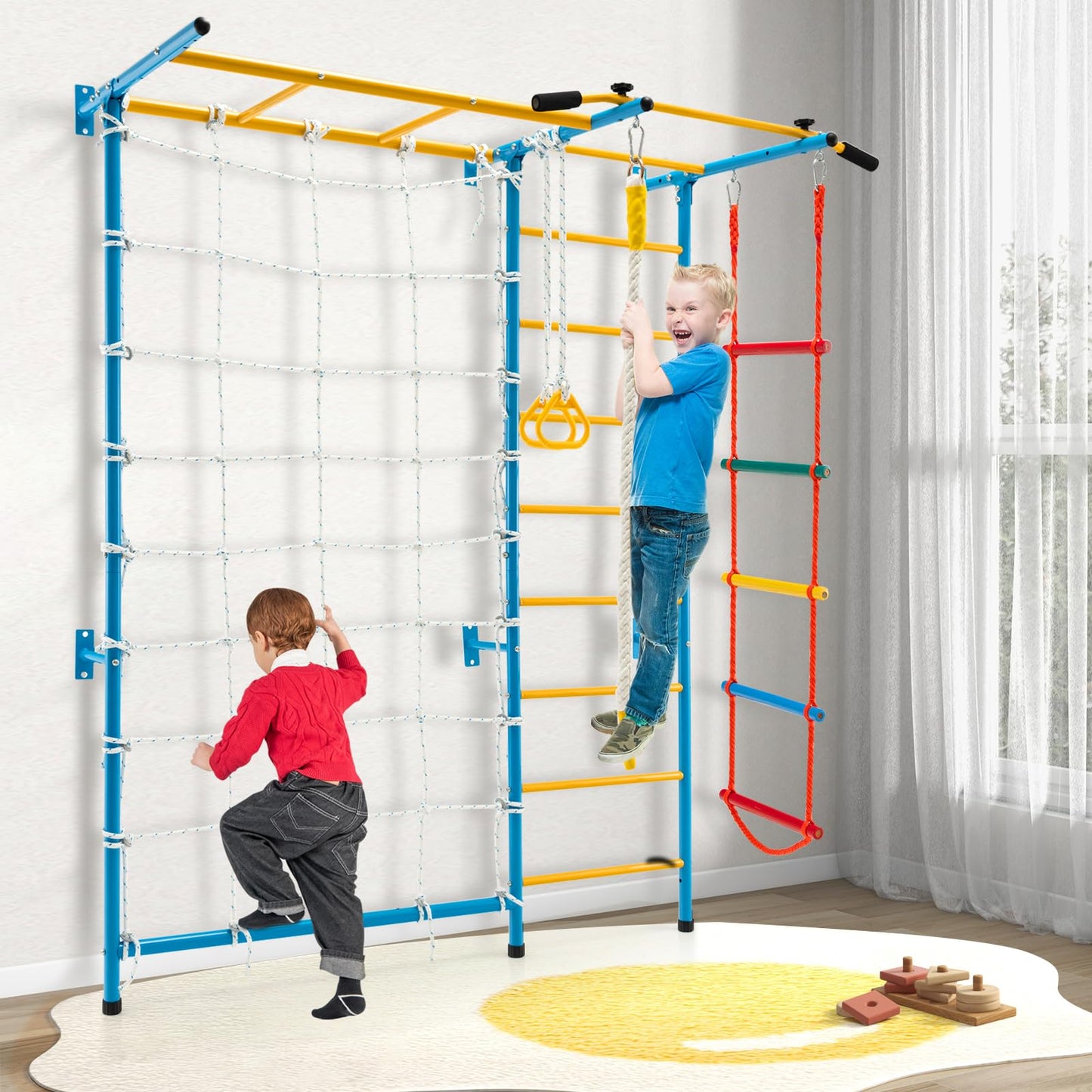 GYMAX Swedish Ladder Wall Set, Gymnastics Wall Bar with Pull-Up Bar, Rope Ladder