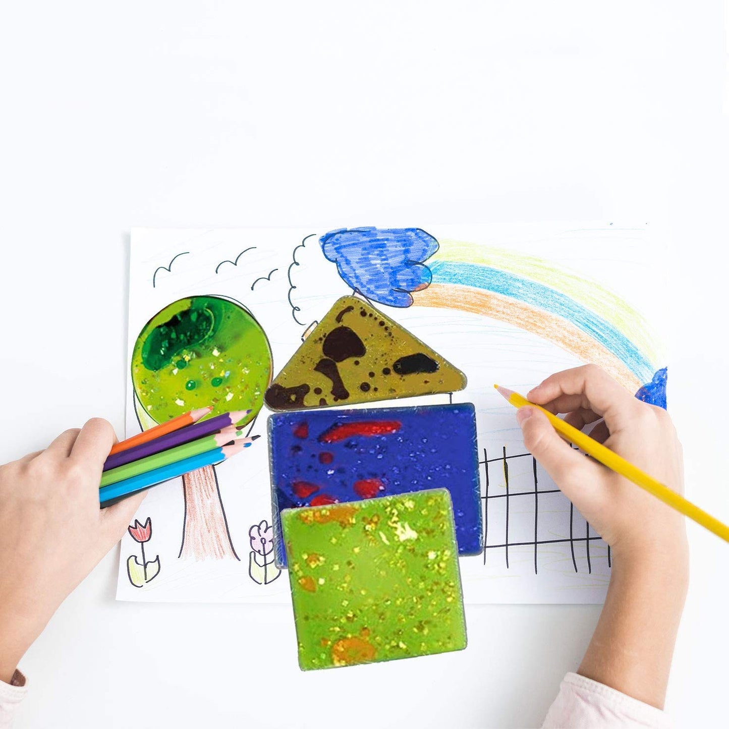Sensory Gel Shapes with Glitter & Colourful Liquid, Squidgy Jelly Fidgeting Toy, Lie on Light Table or Handheld (4 Pack)