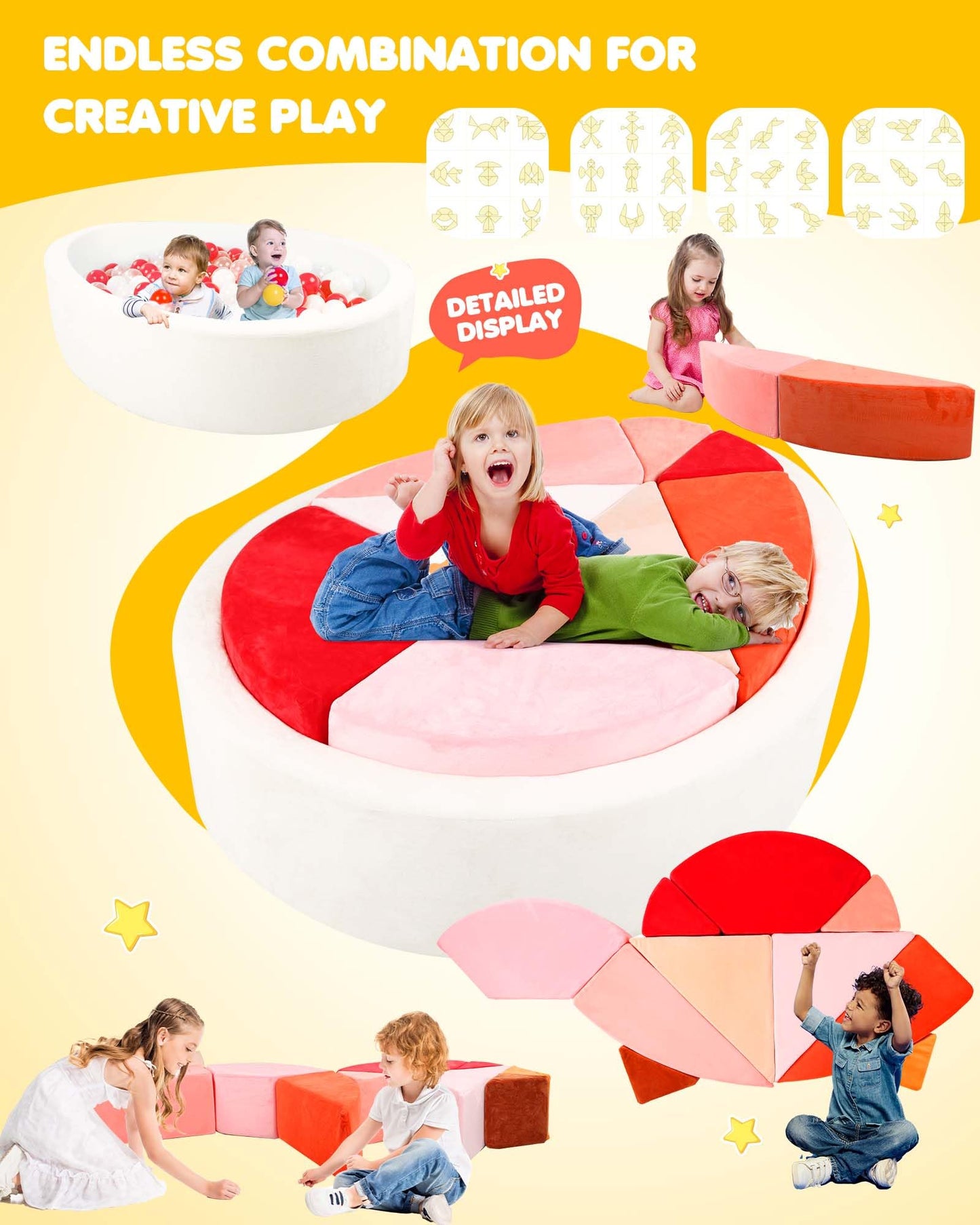 Heypappy Kids Play Couch, 2-in-1 Egg-Shape Kid Play Sofa with Unique Ball Pit(no Balls Included), Tangram Puzzle Plays Couch for Playroom, Modular Play Couchs for Inspiring Creativity, Glow