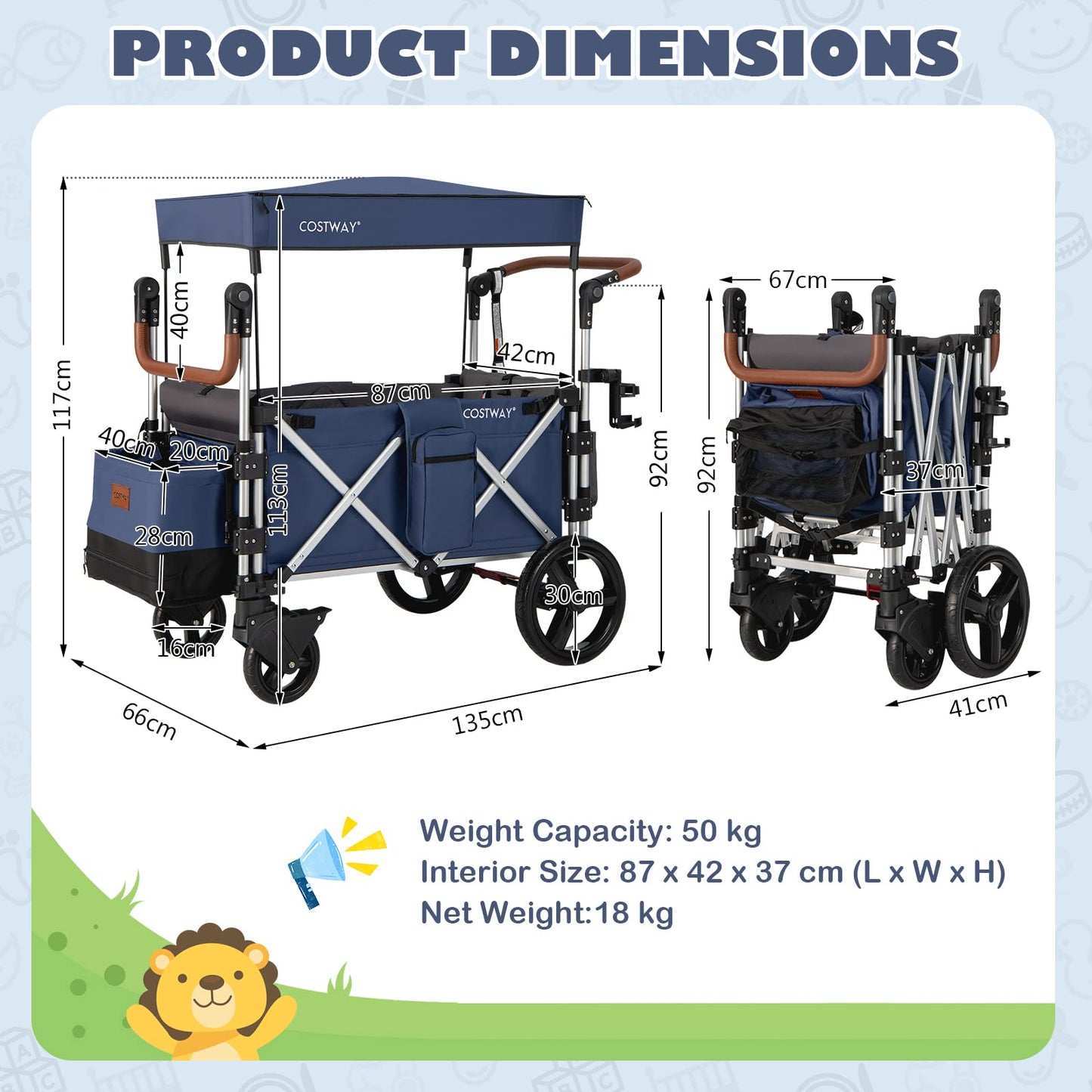 COSTWAY Push Pull Stroller Wagon for 2 Kids, Collapsible Trolley with Adjustable Handle Bar, Removable Canopy, 5-Point Harness and Drapes, Outdoor Camping Cargo Cart (Navy)