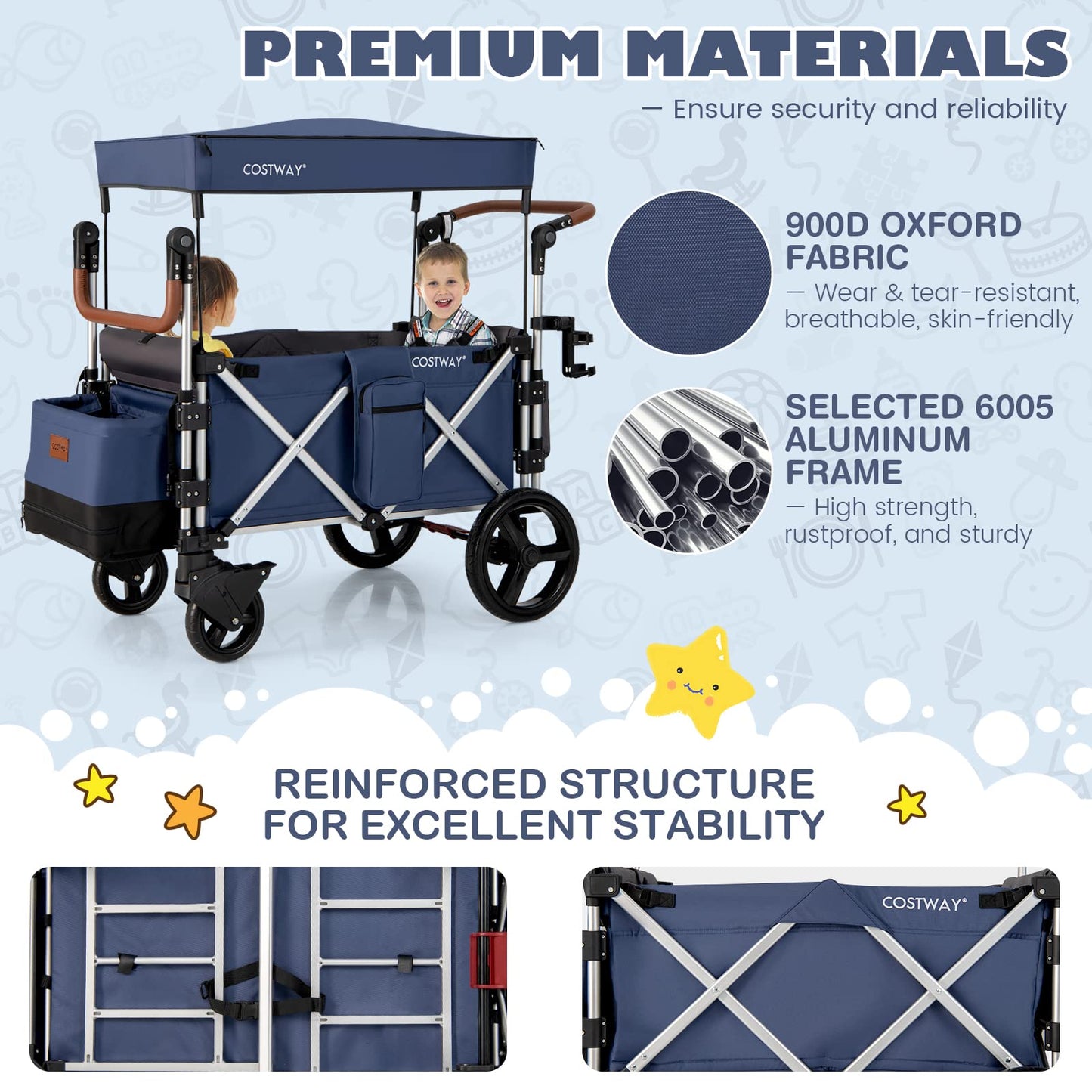 COSTWAY Push Pull Stroller Wagon for 2 Kids, Collapsible Trolley with Adjustable Handle Bar, Removable Canopy, 5-Point Harness and Drapes, Outdoor Camping Cargo Cart (Navy)