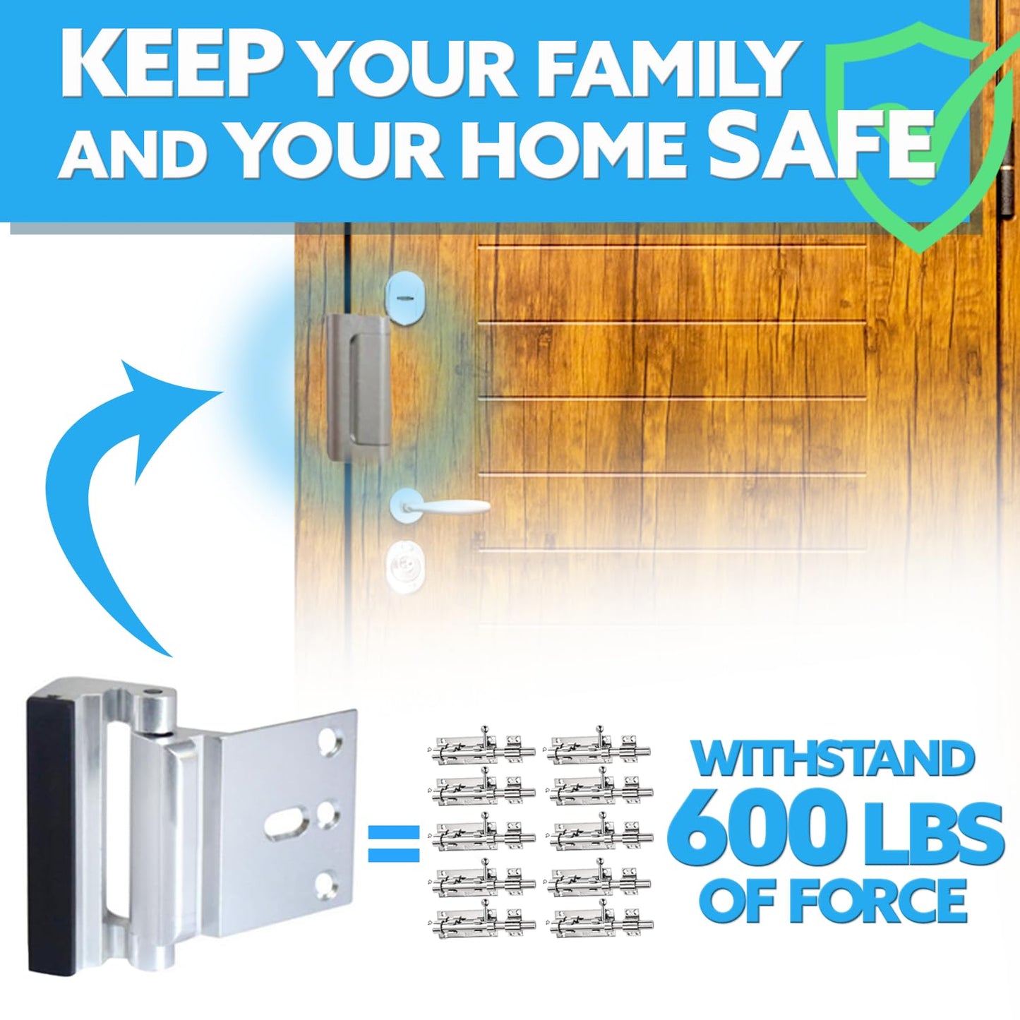 Reelz home Door Lock Without Drilling No Tools Needed Easy Installation with 3M Tape or Screws Child Safety Lock Easy to Lock and Unlock with One Hand Baby Proofing Bedroom Door Lock (Silver)