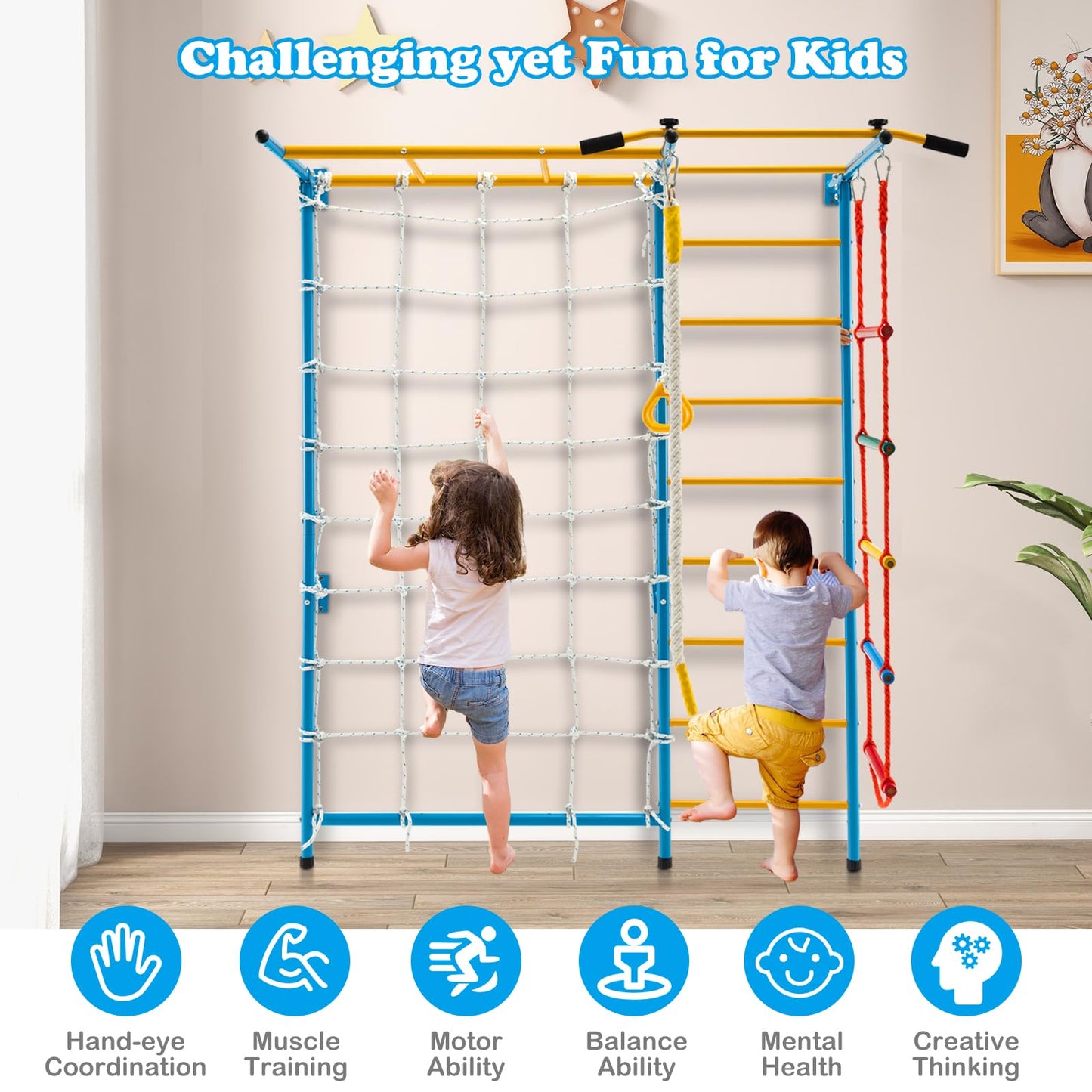 GYMAX Swedish Ladder Wall Set, Gymnastics Wall Bar with Pull-Up Bar, Rope Ladder