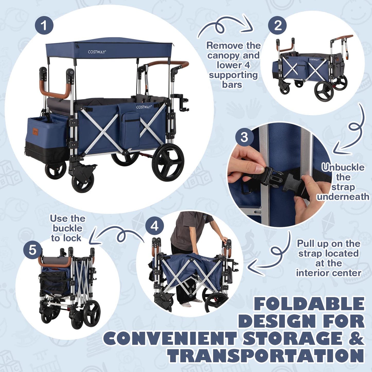 COSTWAY Push Pull Stroller Wagon for 2 Kids, Collapsible Trolley with Adjustable Handle Bar, Removable Canopy, 5-Point Harness and Drapes, Outdoor Camping Cargo Cart (Navy)