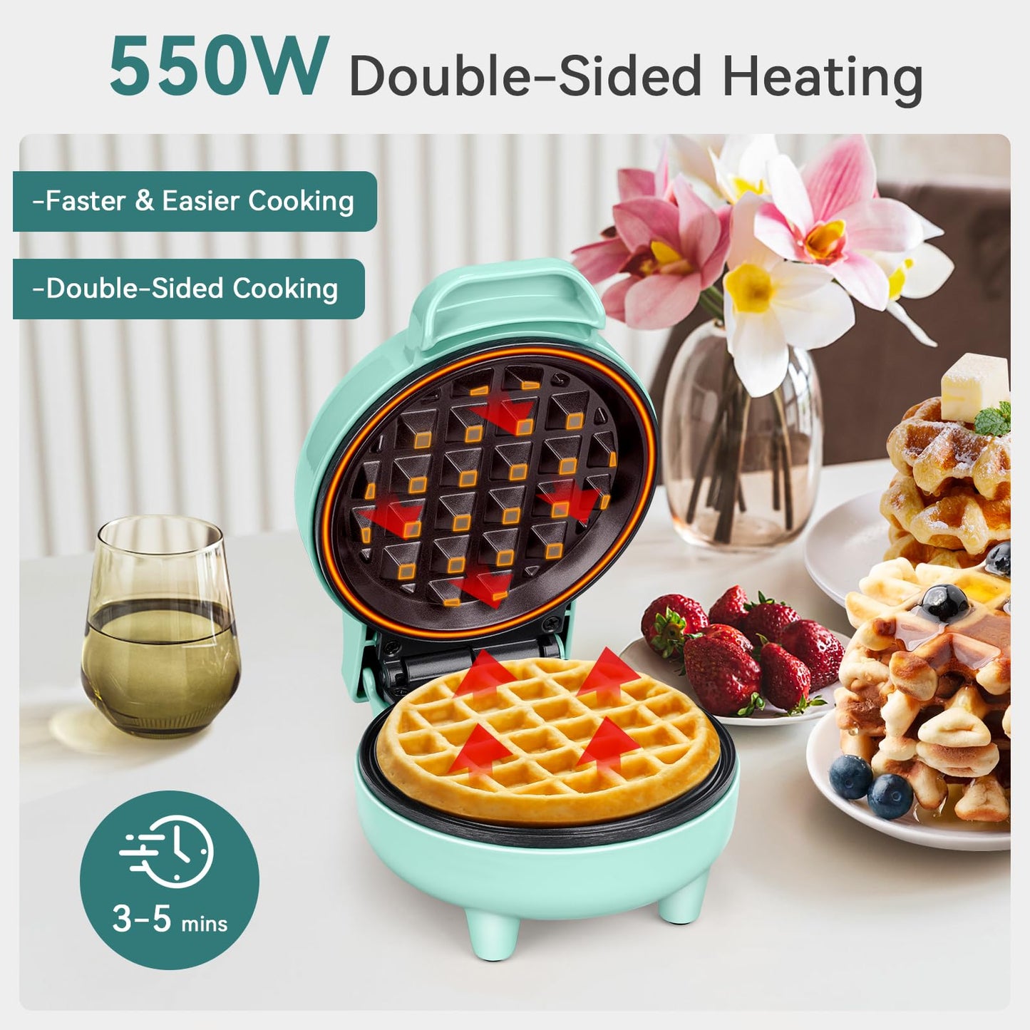 SNAILAR Mini Waffle Maker, 550W Waffle Iron, Ready Indicator Light, Non Stick Coating, Cool Touch Handle, Compact Size, Green